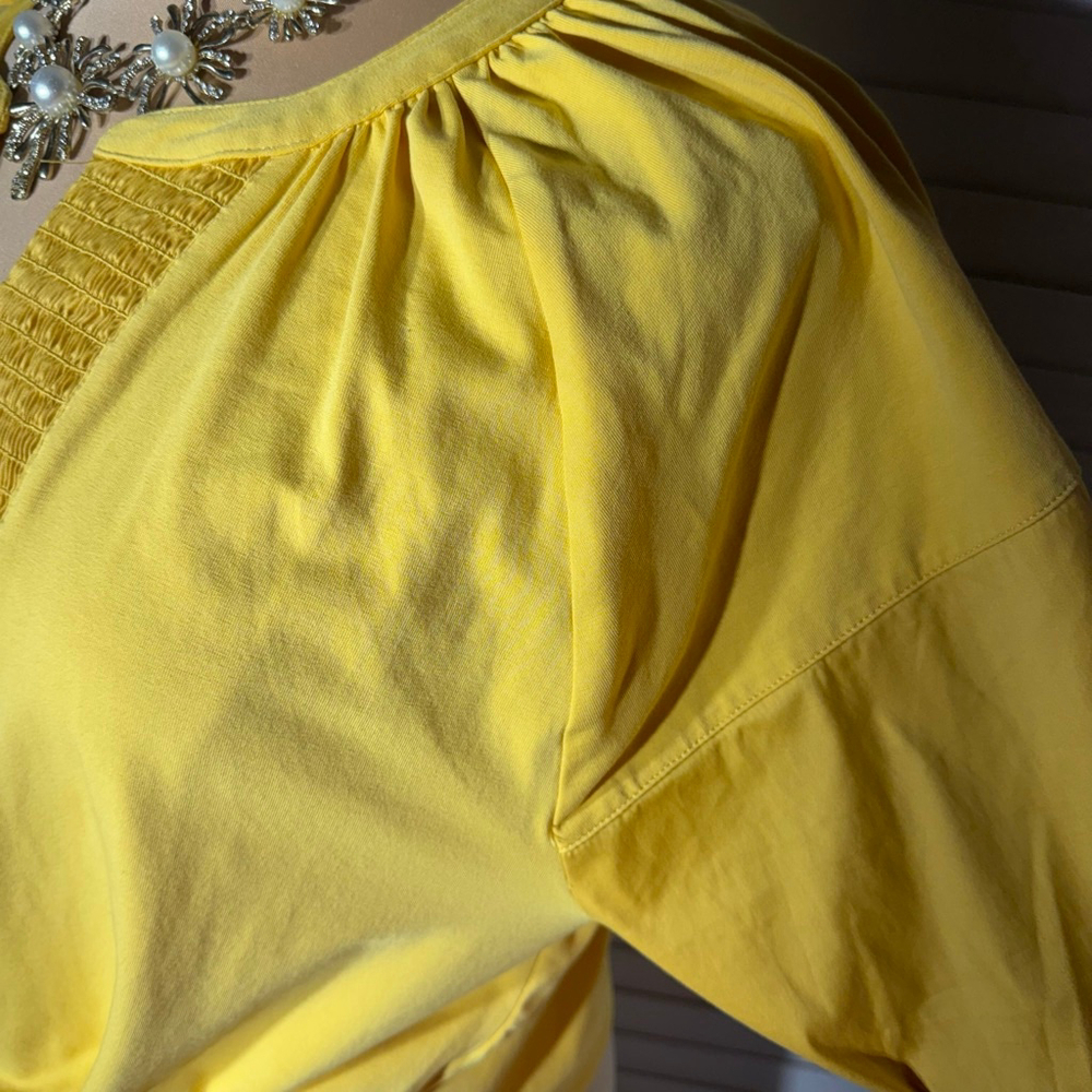 Chico's yellow puffed sleeves top tie knot front waist length blouse sz XL - Picture 10 of 10